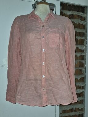 Foxcroft Linen Button Up Shirt Pocket Peach Pink Size 8